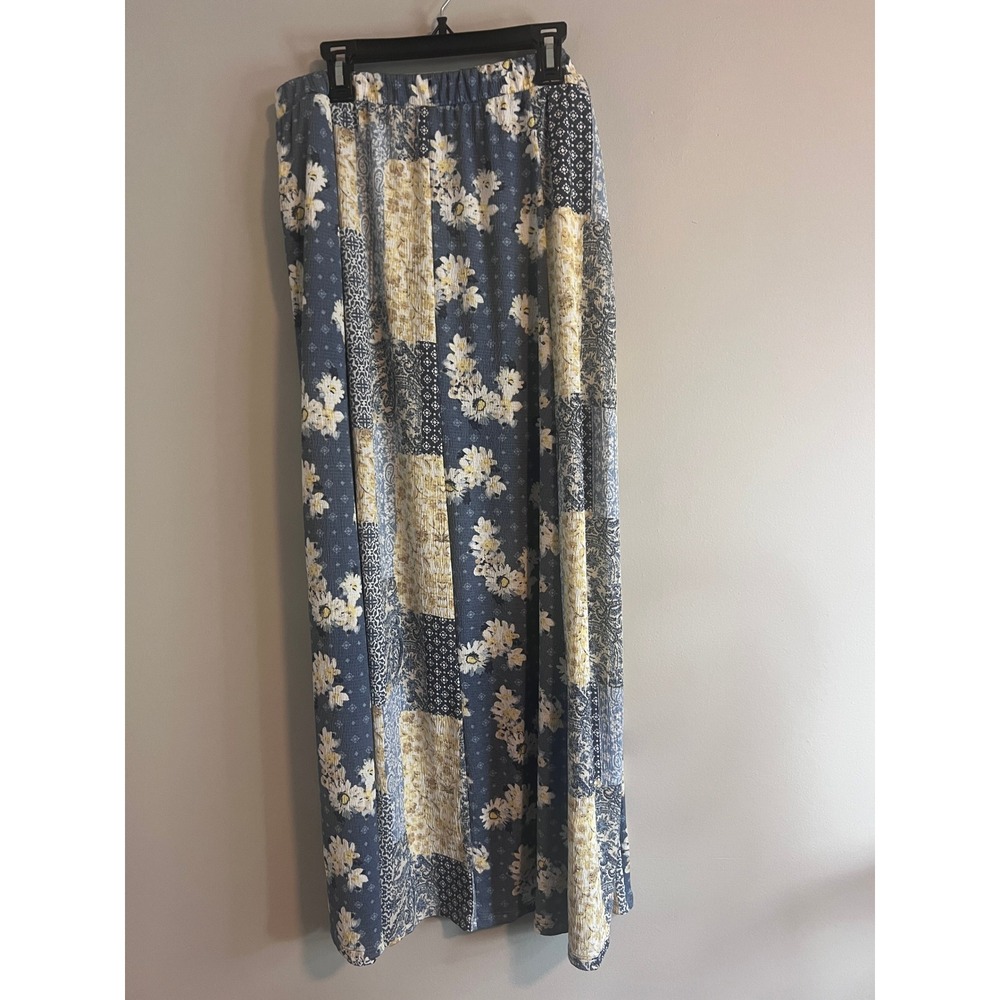 Cato Blue Floral Patchwork Crinkle Maxi Skirt Womens Small Boho Long Flowy Skirt